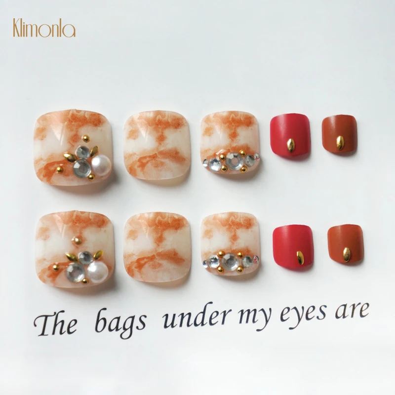 

24Pcs Manicure Art Fake Toe Nails French False Nails Tips Marble Red Design Salon Gel Toenails Tip Artificial False Nail 5205