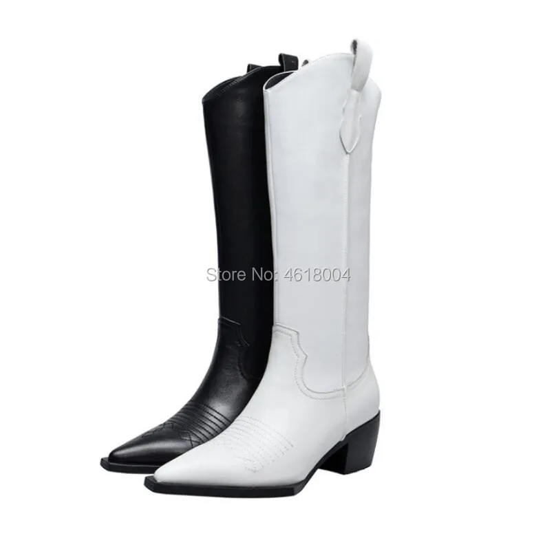 KALMALL Zapatos de Mujer; ковбойские сапоги до колена; обувь в западном стиле; женские высокие сапоги с острым носком на не сужающемся книзу массивном каблуке; Botas Mujer