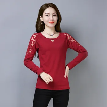 

New solid color round neck long-sleeved cotton T-shirt women
