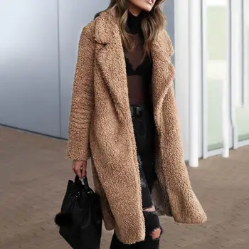 

Winter Fashion Women Coat Plush Loose Solid Color Plush Long Sleeve Lapel Fleece Jacket Long Section Coat Outwear For Women's