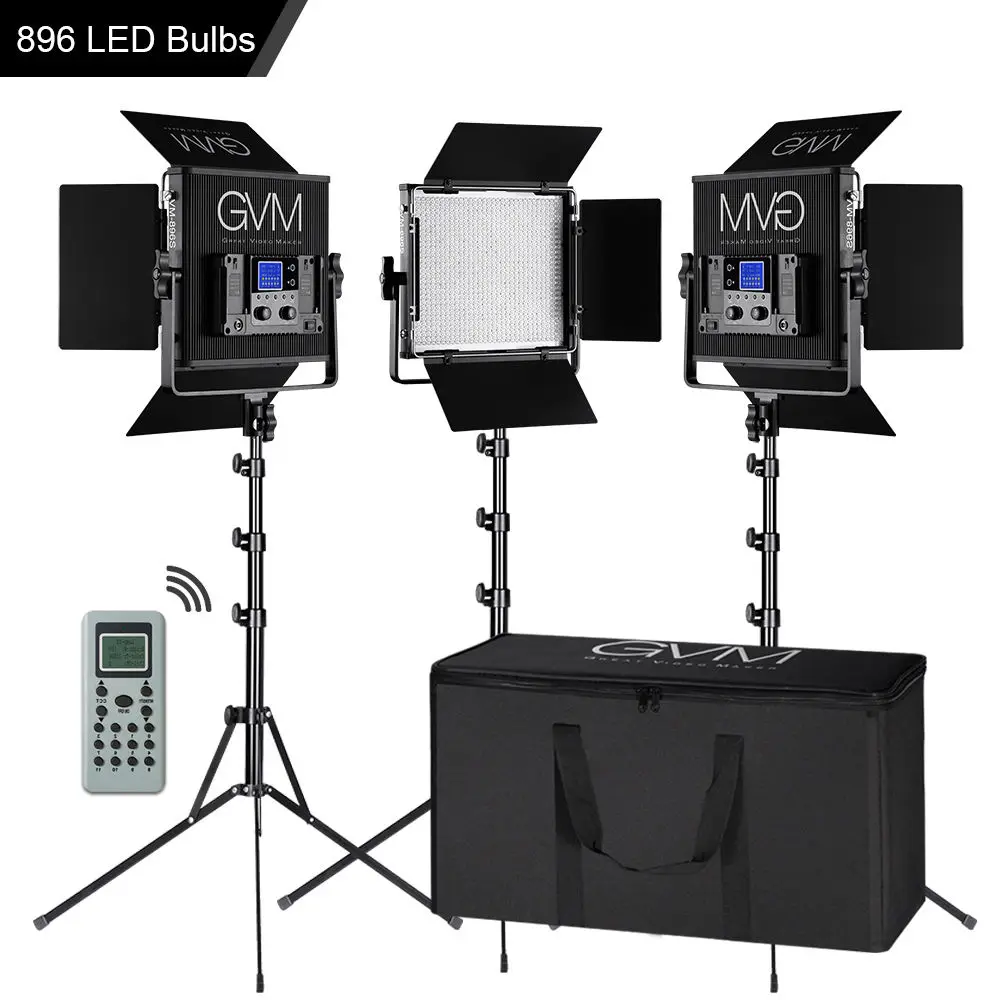 US $899.98 GVM 896S BiColor LED Video Shooting Studio Photographic Lighting 3Lights Panel Kit 896 Lamp Beads Dimmable Wireless Remote 50W