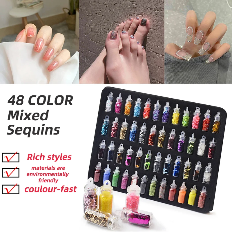 

48 Bottles/Set Nail Art Sequins Glitter Rhinestones Powder Manicure Tips Polish Nail Stickers Mixed Design Case Set