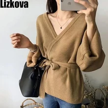 Осенний Lazy oaf хаки перекрестная шнуровка Кардиган корейский стиль женский v-образный вырез шерсть вязаный свободный свитер кардиган