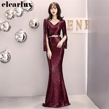

Plus Size Mermaid Dress Burgundy Sequins Evening Dresses DX315-3 Elegant Long Slim Party Gown 2020 Long Sleeves Robe De Soiree