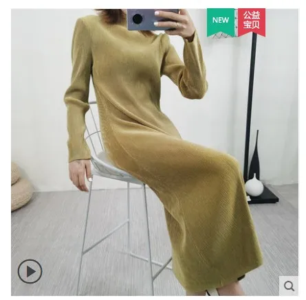 HOT SELLING spring miyake pleated one-piece dress medium-long stand collar long sleeve dress IN STOCK