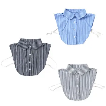 

Women Vertical Striped Lapel Fake Collar Button Down Sweater Half-Shirt Blouse