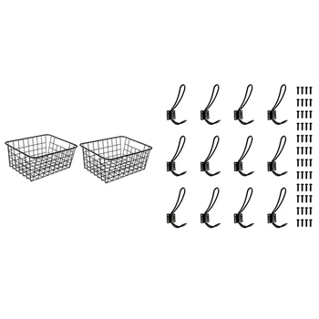 

12 Pcs Rustic Enterway Hooks, Black Vintage Double Coat Hangers & 2pcs Household Iron Storage Basket
