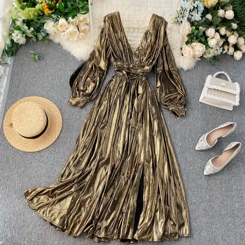 

NiceMix Party Night Club Woman Sexy Maxi Dress Deep V-Neck High Waist Backless Diamond Button Split Elegant Dress Solid Vestidos
