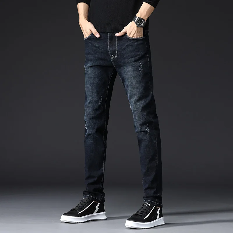 Men Elastic Slim Fit Tight Jeans Korean Trend Pants Black Youth High Quality Little Feet Business For Male | Мужская одежда