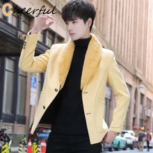 

Contrast Stitching Fur Collar Wool Blend Coat Jacket Men 2021 4 Solid Color Yellow Green Slim Fit Coat Soft Warm Winter Men wear