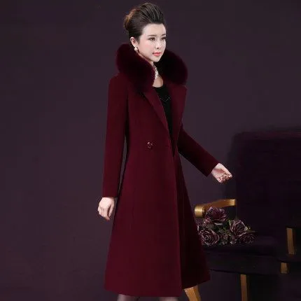 Office Ladies Fur Collar Woolen Trench Coat Women Knee-length Wool Coats Autumn Winter Double Breasted Cashmere Outerwear Formal