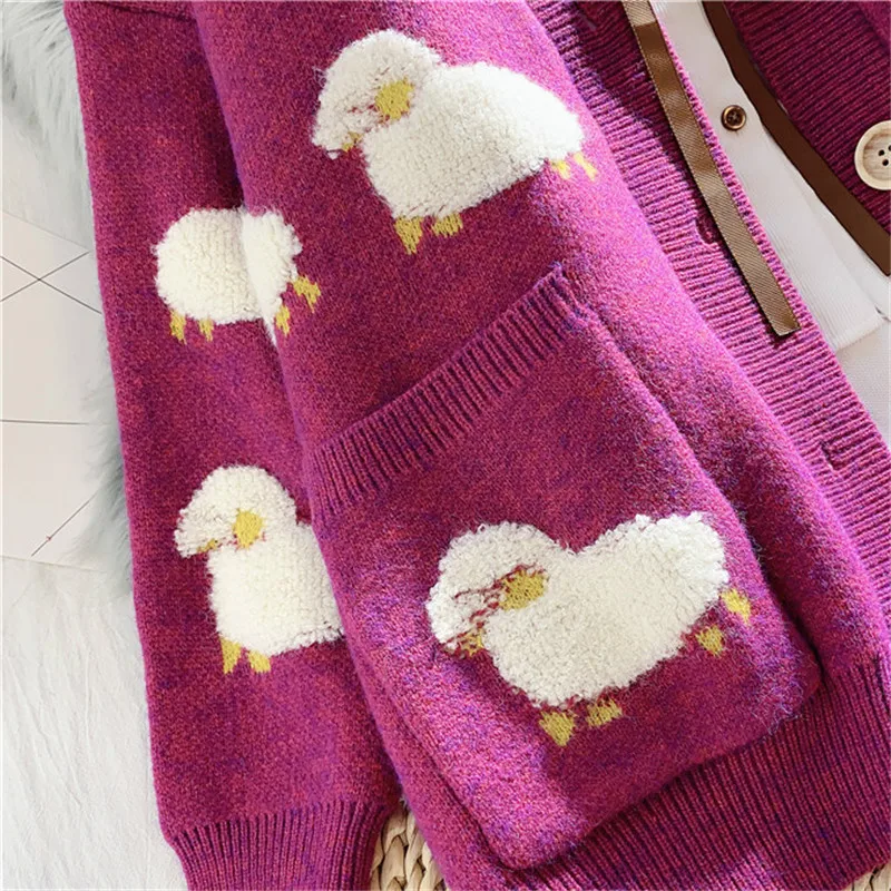 NCLAGEN Cute Sheep Women Knitted Cardigan Batwing Sleeve Loose Casual Sweater Girls Pockets V Neck Spring Fall Outwear Top Cloth