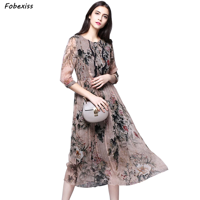

100% Natural Silk Dress Women Summer Loose Half Sleeve O Neck Long Maxi Dress Zippers Plus Size Elegant Silk Dress Office Lady