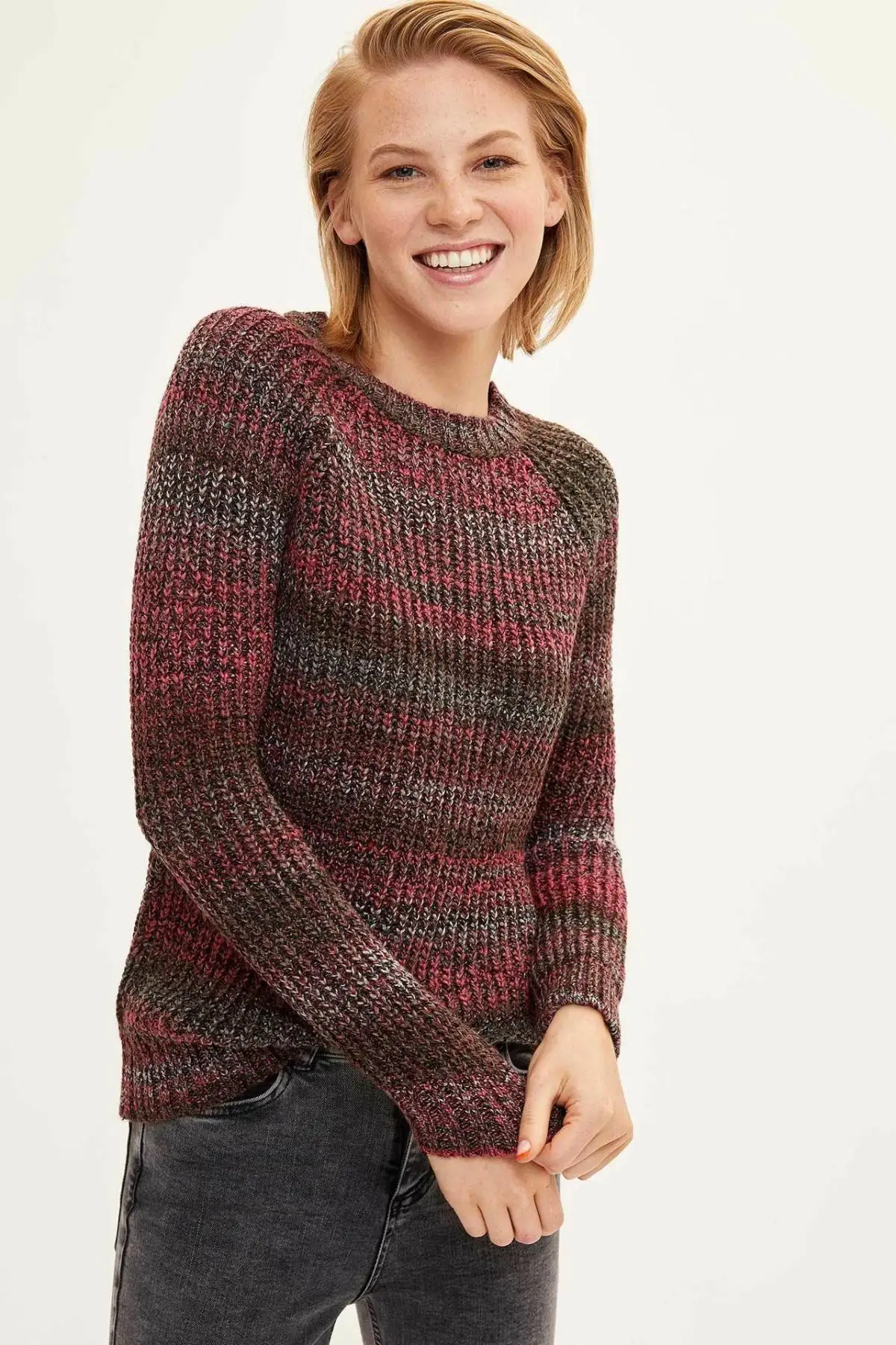 Ceny DeFacto moda damska załoga w paski dzianinowa bluza damska Casual Joker proste dzianinowe swetry damskie H5197AZ19WN