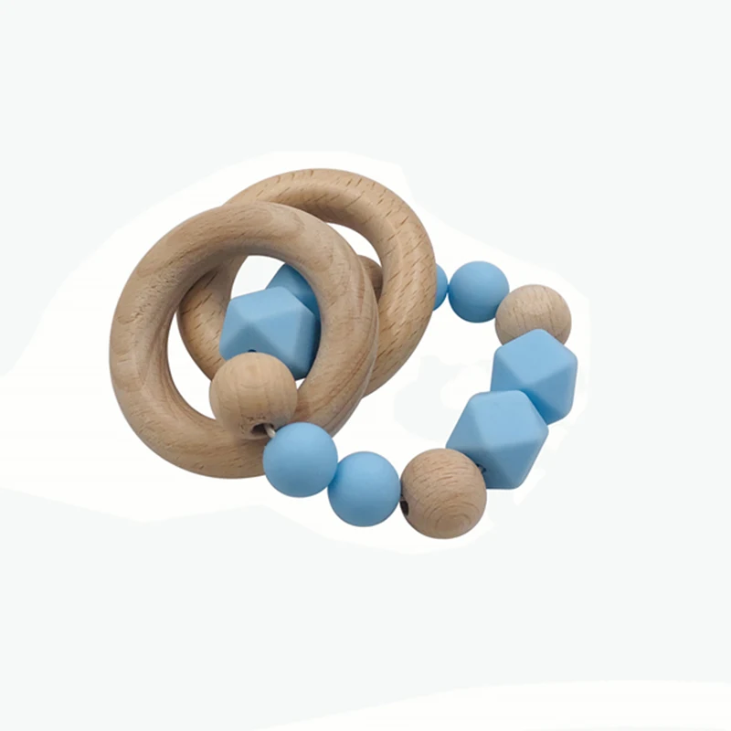 Baby Teether Bracelet Beech Wooden Ring Natural Teething Grasping Toy Silicone Bead Toddler Teether Newborn DIY Baby Gift