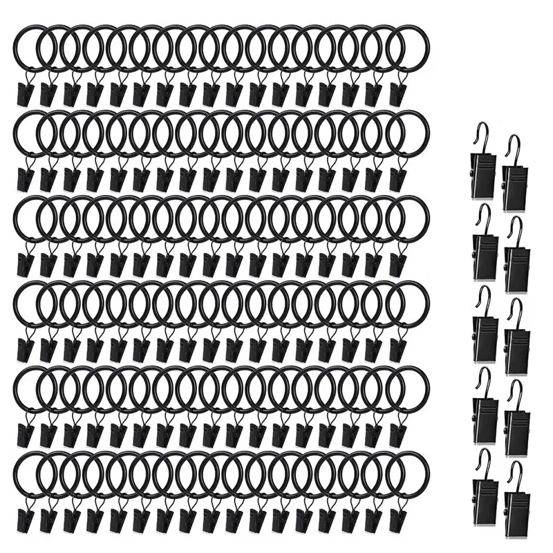 

100 PCS Curtain Ring with Clip and 10 Pcs Clip, 1 Inch (2.54 mm) Metal Decorative Black Curtain Window Ring