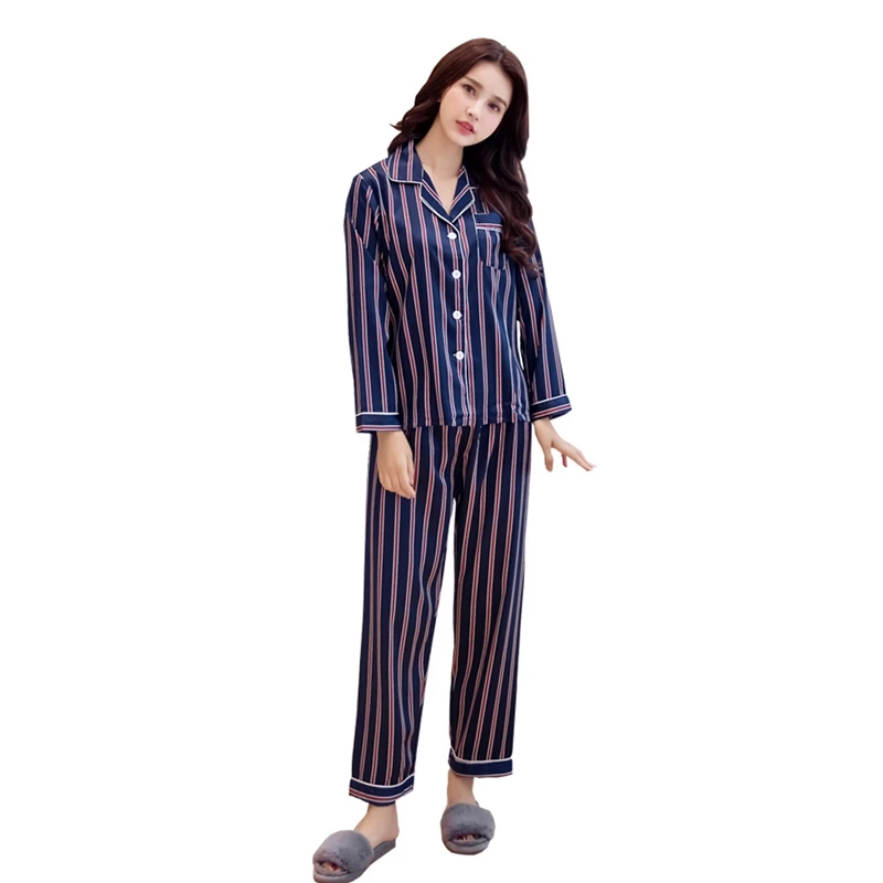 Autumn 2019 New Fashion Women Pajamas Turn-down Collar Sleepwear 2 Two Piece Set Long Sleeve Top+Pants Striped Casual Pajama Set