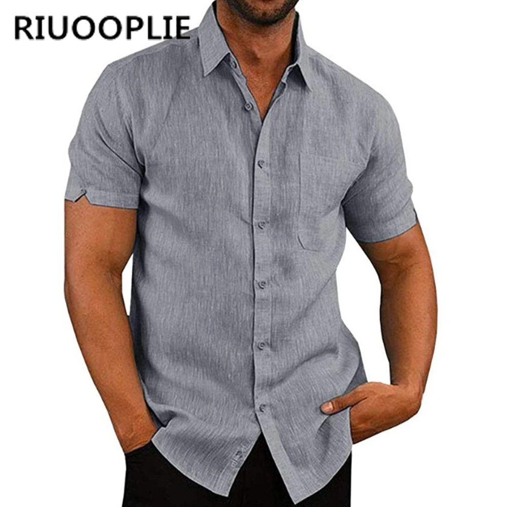 RIUOOPLIE, новинка, модные мужские летние однотонные рубашки с коротким рукавом, Свободная Повседневная блузка, Мягкий Топ, хлопковые удобные дышащие рубашки