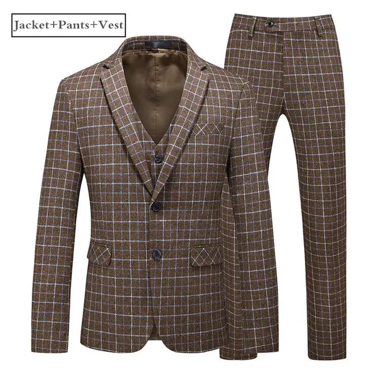 3 Piece Brown Plyesxale, серый, коричневый, клетчатый костюм, мужской, приталенный, высокое качество, мужские, s, шерстяные костюмы, три части, официальное платье, костюм, мужской, 6XL, большой размер, Q939 - Цвет: 3 Piece Brown