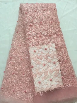 

High quality pink french lace fabric with stones beaded african lace fabric embroidery net lace fabric CD2765