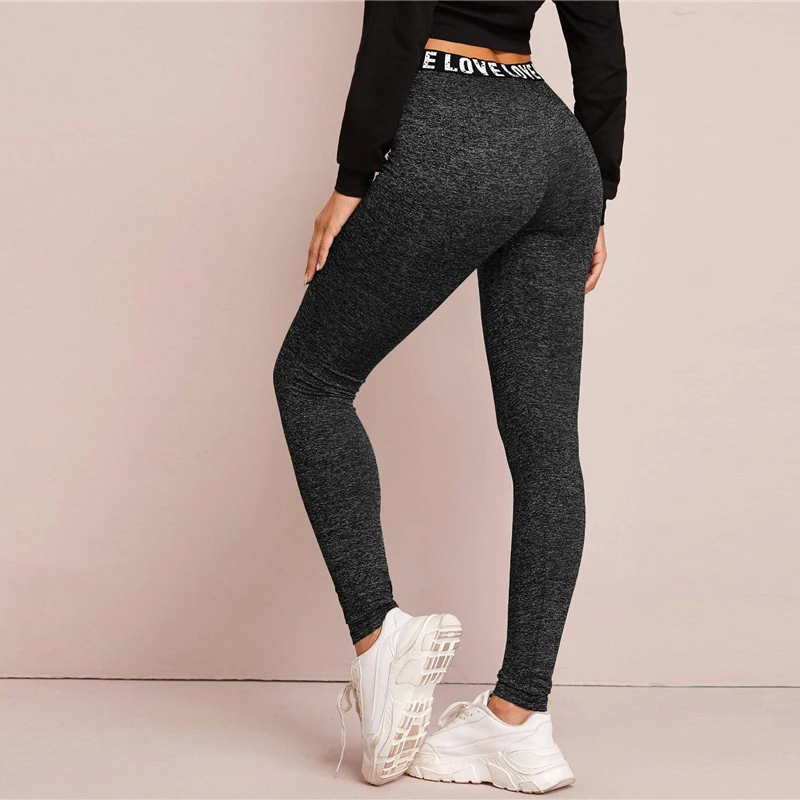 SHEIN, черные леггинсы с принтом в виде букв и графическим узором, женские штаны, Весенняя эластичная резинка на талии, одежда для активного отдыха, повседневные женские базовые брюки