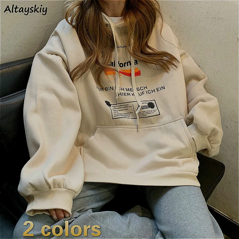 Hoodies Women Printed BF Oversize Casual Womens Sweatshirt Pullover Plus Velvet Warm Hooded School Big Pocket Harajuku Ulzzang | Женская