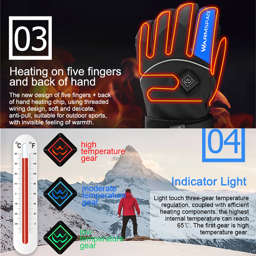 Warmspace Unisex Winter Electric Heated Outdoor Skiing Warm Full Finger Gloves