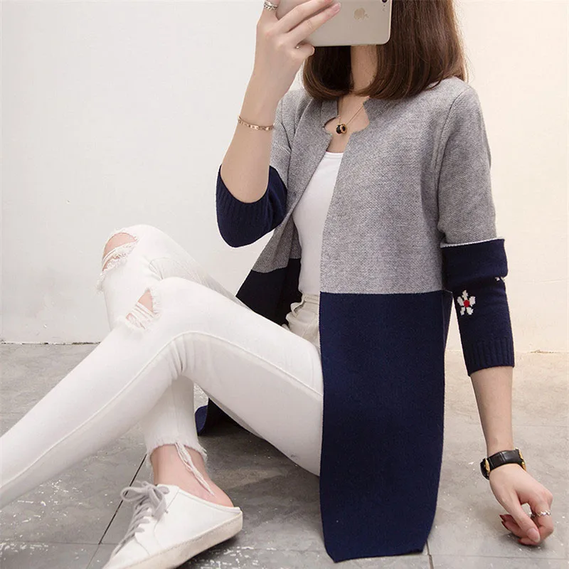 

Women Sweater And Cardigan 2021 New Female Long Color Matching Knit Cardigan All-match Long Sleeve coat Lady Casual Tops C1124