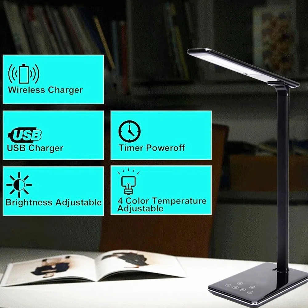 QI Беспроводное зарядное устройство светодиодный Настольный светильник с затемнением настольная лампа USB выход порт регулируемый светильник гибкий офисный Настольный светильник для чтения