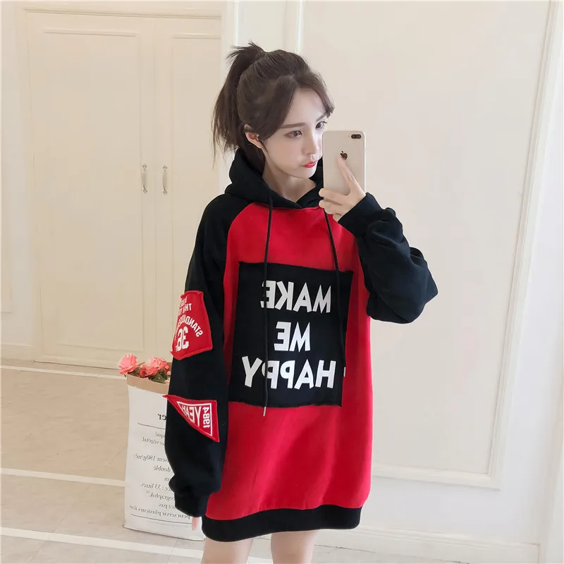 

Winter Women Long Hoodies Letter Print Hoody Plus Size XXL Fleece Warm Sweet Student Female Patchwork Hoodie Sweatshirt
