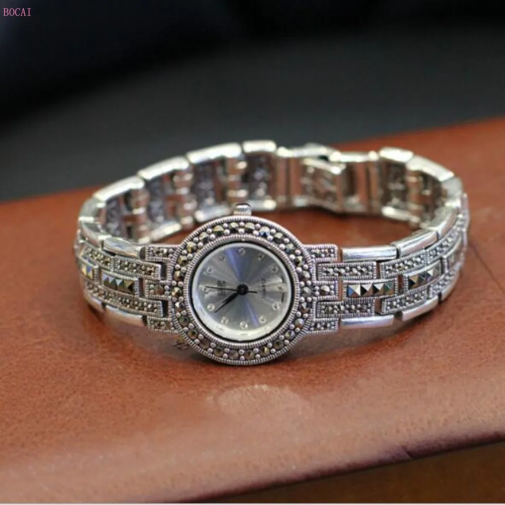 Новинка унисекс Мужские и женские серебряные 925 браслет мозаика инкрустированные изысканные S925 кварцевые часы браслеты для мужчин и женщин