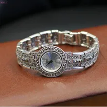 Новинка унисекс Мужские и женские серебряные 925 браслет мозаика инкрустированные изысканные S925 кварцевые часы браслеты для мужчин и женщин