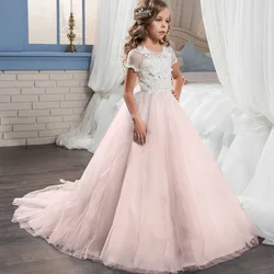 Pink Flower Girl Dresses For Weddings Ball Gown Cap Sleeves Tulle Appliques Long First Communion Dresses Little Girl