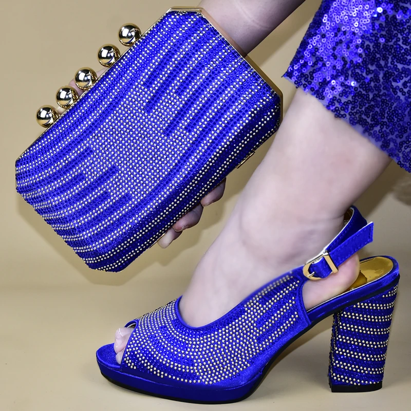Вечерние комплекты из туфель и сумочки в нигерийском стиле; итальянский комплект из туфель и сумочки; Envio Gratis; Женская итальянская обувь и сумочка со стразами - Цвет: Синий