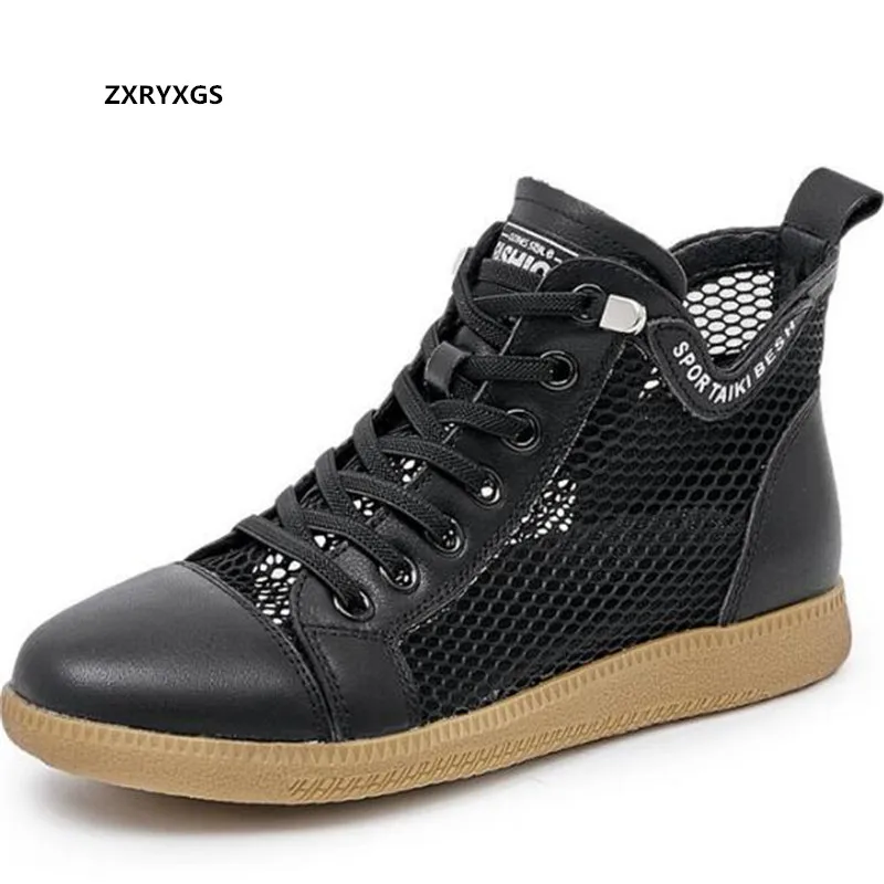 

New High-top Genuine Leather Mesh Shoes Women's Summer Sneakers Breathable Flat Ankle Boots With Holes Hollow Trendy Shoes