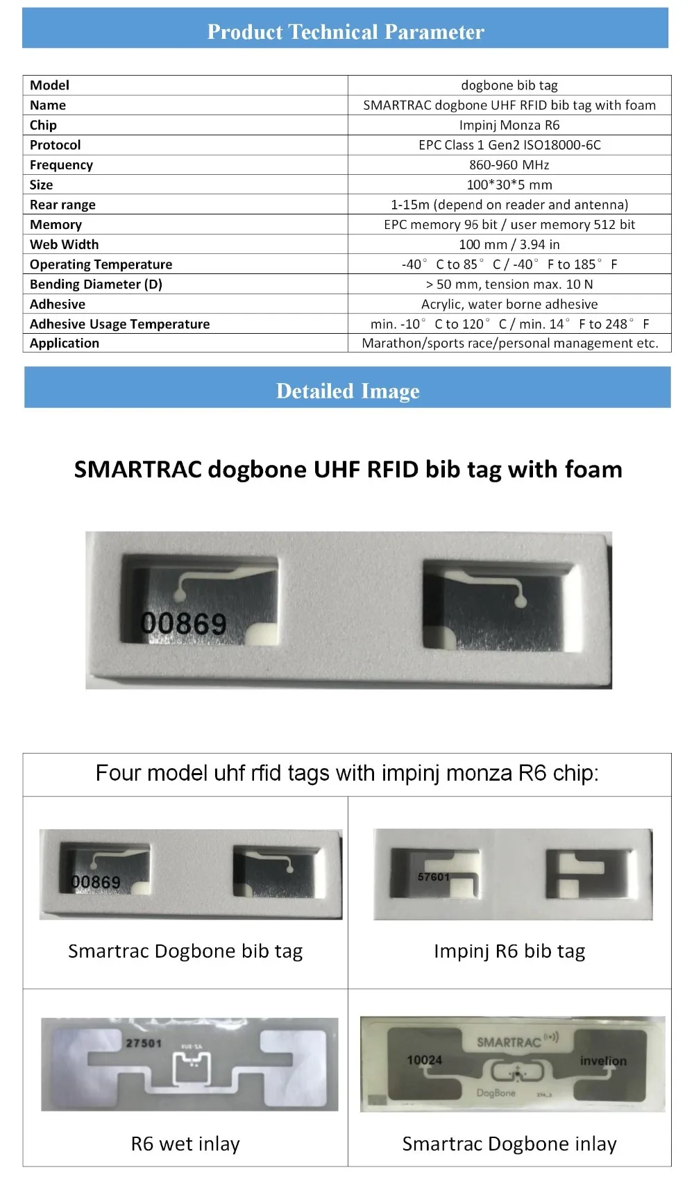 Пассивный uhf rfid 860-960 МГц длинный Диапазон чтения Smartrac dogbone UHF rfid Большой тег с пеной для rfid спортивных синхронизации решений