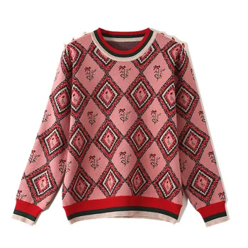 

2020 women sweater spring New Loose Retro Rhombus Jacquard sweater Plaid Round Neck Autumn Winter Knitted Pullover Tops P-408