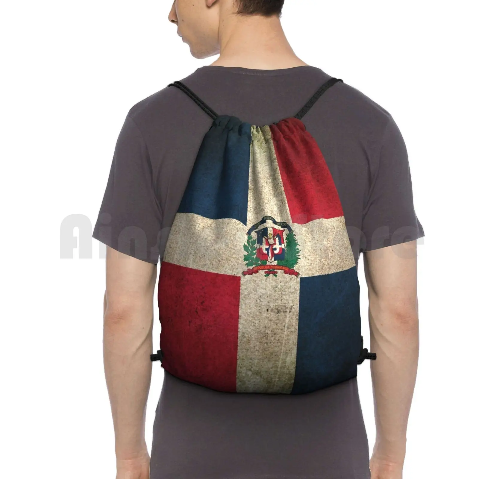

Старый и изношенный винтажный рюкзак с флагом Доминиканской Республики, сумка на шнурке, винтажная сумка для верховой езды, альпинизма, спортзала