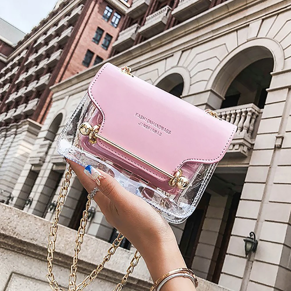 

1Pc New Fashion Small Square Letter Shoulder Satchels Bag Transparent PU Composite Versatile Messenger Bag Solid Color Handbag