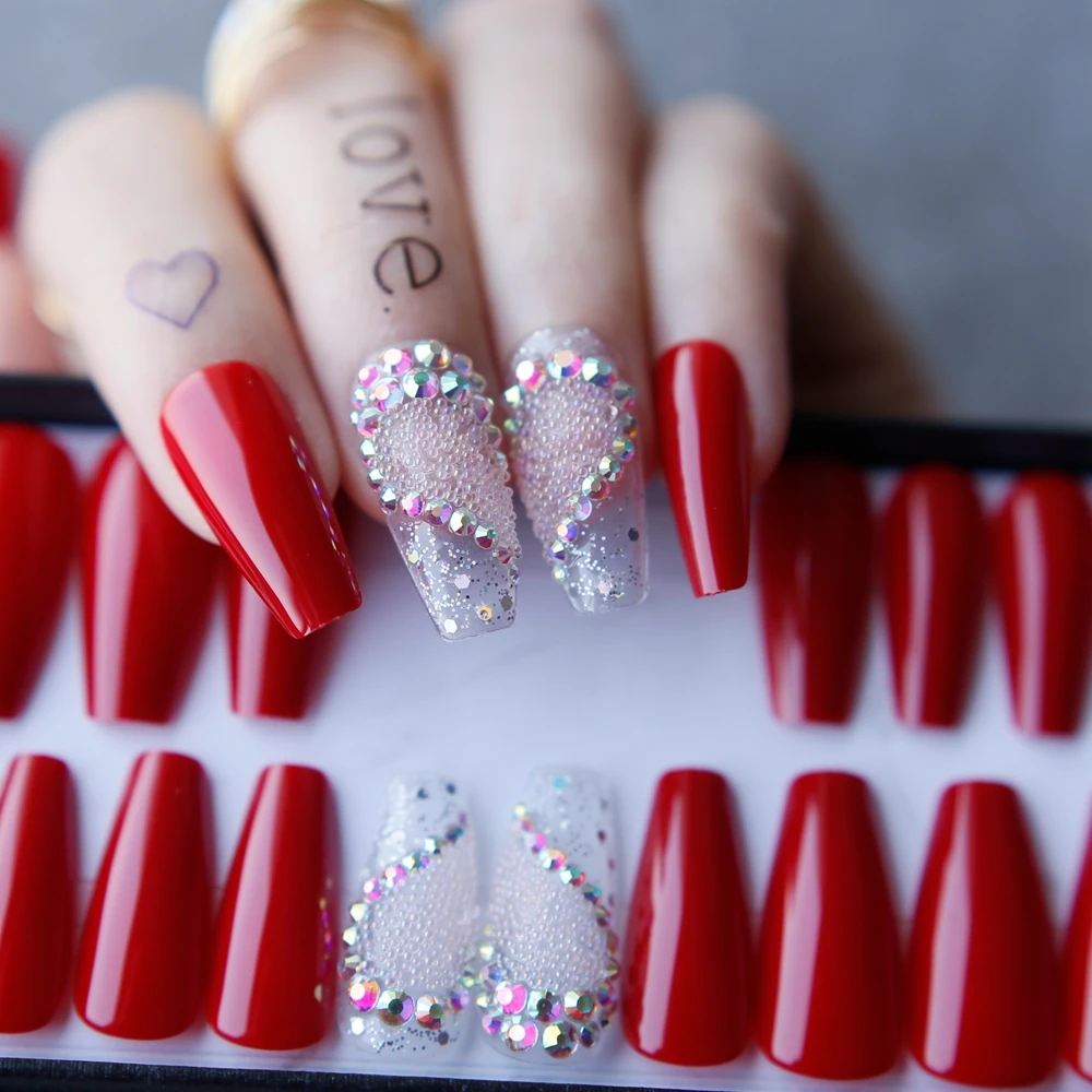 Set Of Painted Red Bling Glossy Long Coffin False Nails