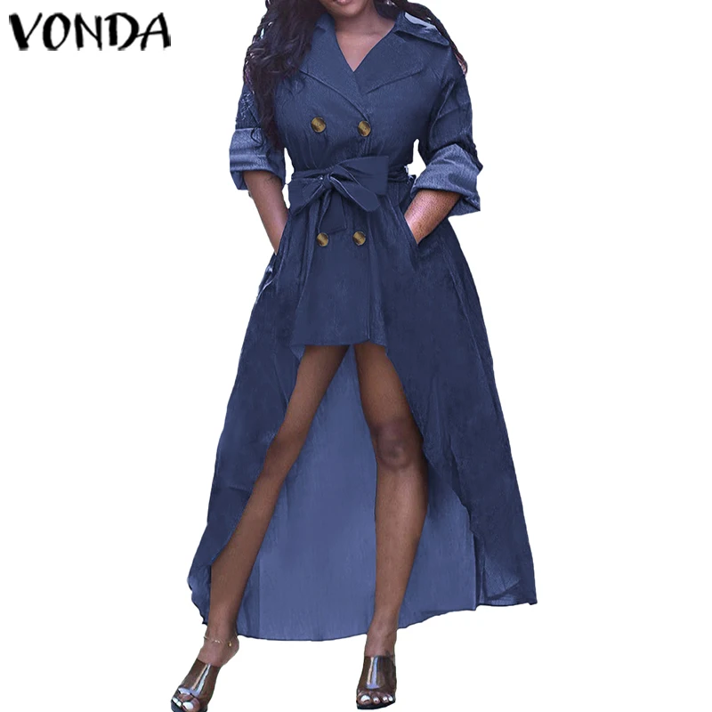 VONDA, осеннее платье, женское, длинный рукав, отложной воротник, ассиметричные платья, повседневное, одноцветное, джинсовое, сарафан размера плюс, Халат