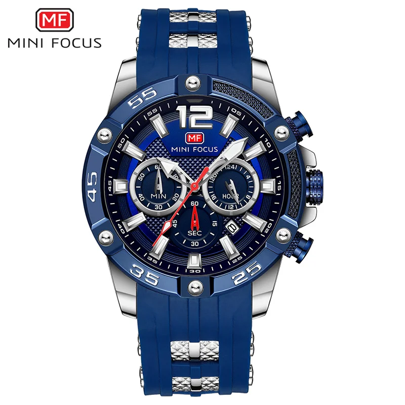 MF0349G-Silver blue Мужские часы-хронограф с мини-фокусом, роскошные армейские спортивные наручные часы, мужские кварцевые часы с зеленым силиконовым ремешком Relogios Masculino 0349 - Цвет: MF0349G-Silver blue