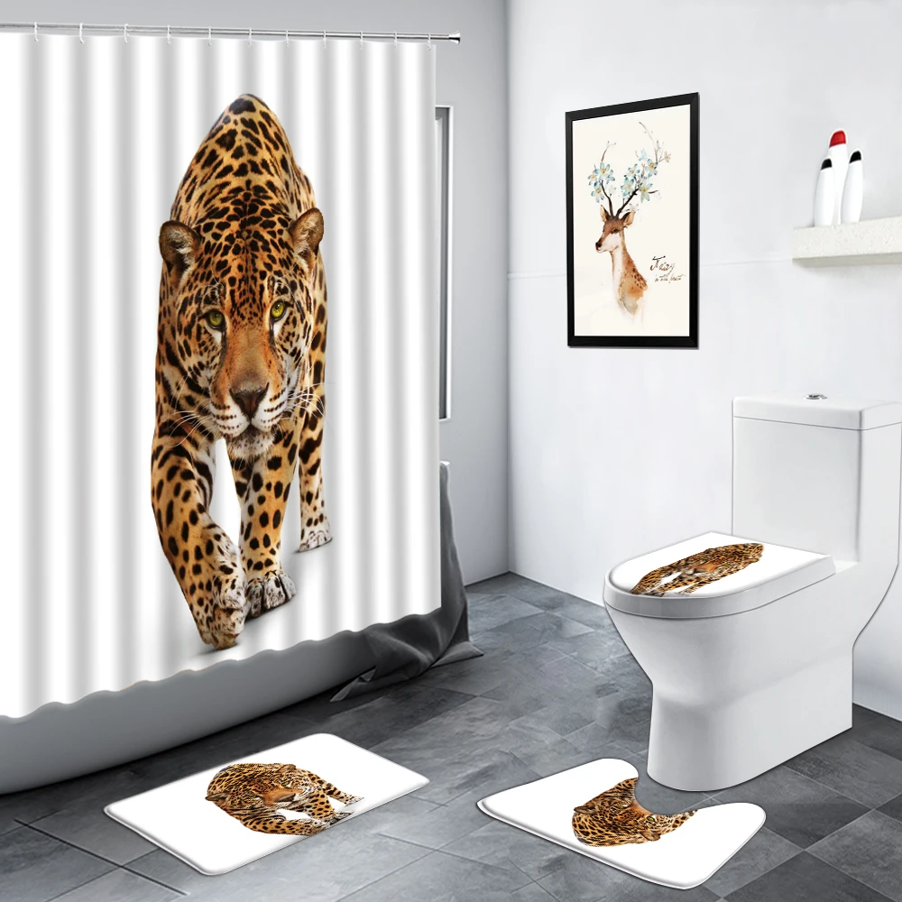 Lion Head Shower Curtain Door Bath Mat Toilet Cover Rugs Animal Bathroom Decor 