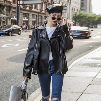 

2020 Spring Autumn Streetwear Woman Black Long Sleeve Turn-down Collar Zippers Loose Fit Faux PU Coat Leather Jacket Tide PY179