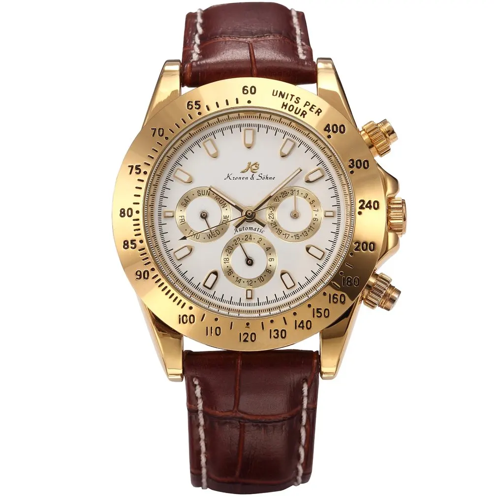 Ks Императорский Календарь день дата дисплей мужские часы Relojes черная кожа полностью стальные автоматические механические часы с автоматическим подзаводом/KS165 - Цвет: gold brown