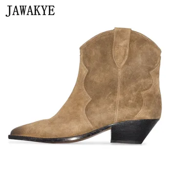 

JAWAKYE Real suede leather chelsea boot Ankle Boots old made kitten heels short Boots Winter women Shoes botas mujer