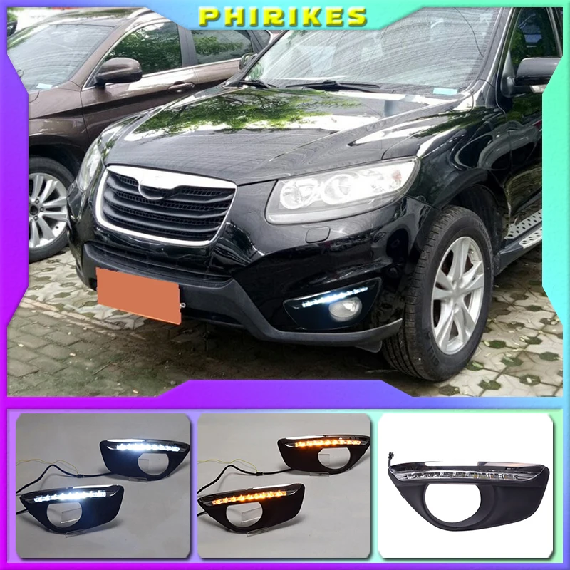 

For Hyundai Santa Fe SantaFe 2010 2011 2012 Daytime Running Light DRL LED Fog Lamp Cover With Yellow Turning Signal Functions