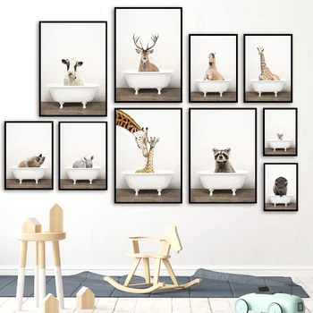 

giraffe Bear Deer hippo Raccoon cow Bathtub Wall Art Prints Canvas Painting Nordic Poster Wall Pictures Kids Room toilet Decor