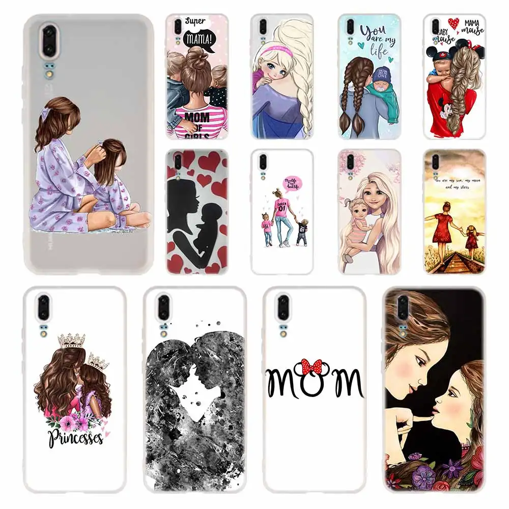 

Case Silicone Soft TPU Cover For Huawei P30 P20 Pro P10 P9 P8 Plus P Smart Lite 2019 Black Brown Hair Baby Mom Girl Queen Cases