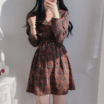 

YAMDI party midi dress women elegant vintage spring summer dresses 2020 a-line korean long sleeve woman high waist a-line print